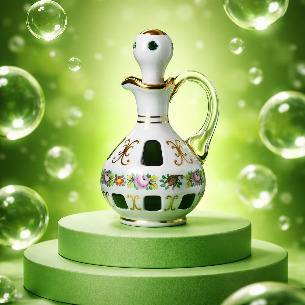 Czech Bohemian Cased Glass Green to White Cruet & Stopper